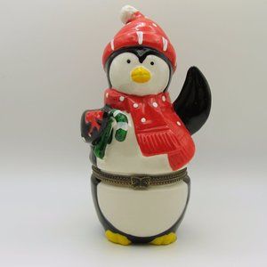 Porcelain Penguin And Candy Cane Trinket Jewelry Box Preowned